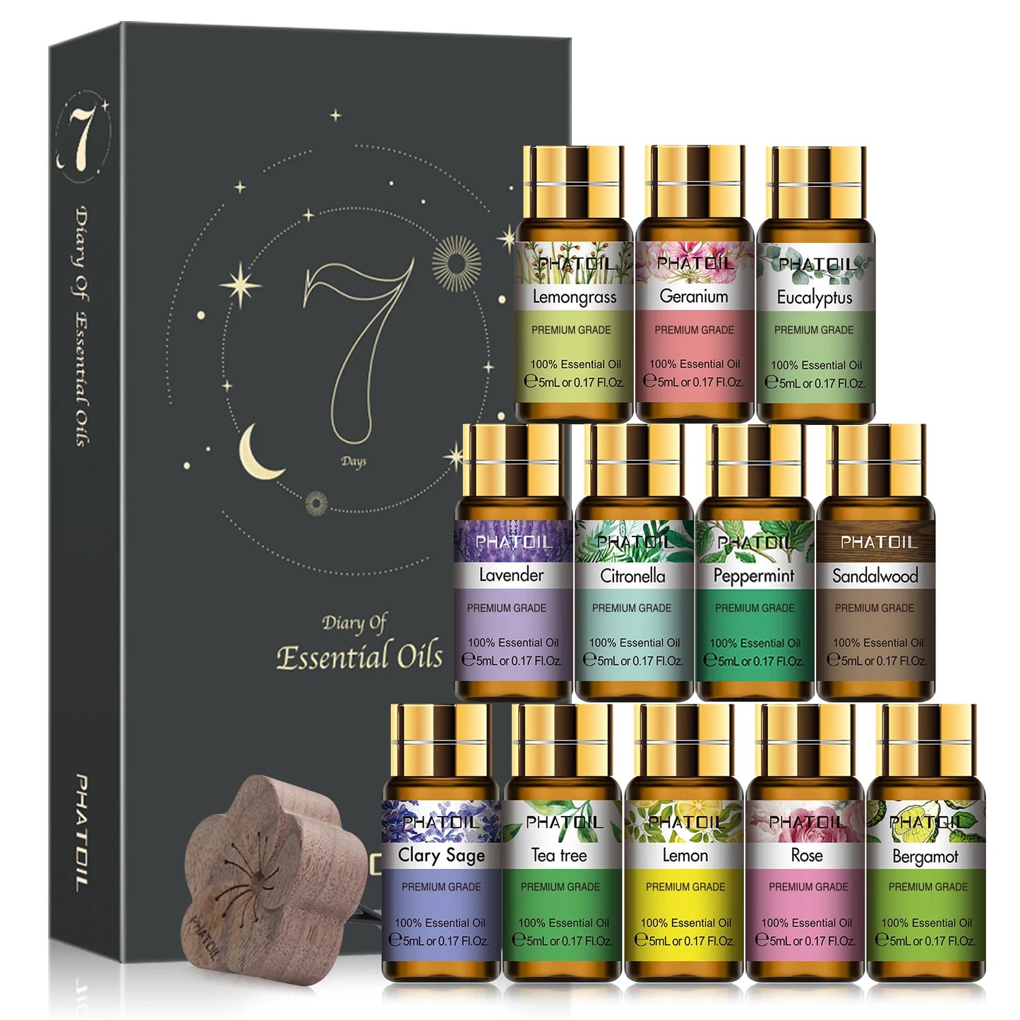 PHATOIL Eteeristen Öljyjen Lahjapakkaus (12 x 5ml) – Puhdasta Aromaterapiaa Kotiin & Hyvinvointiin