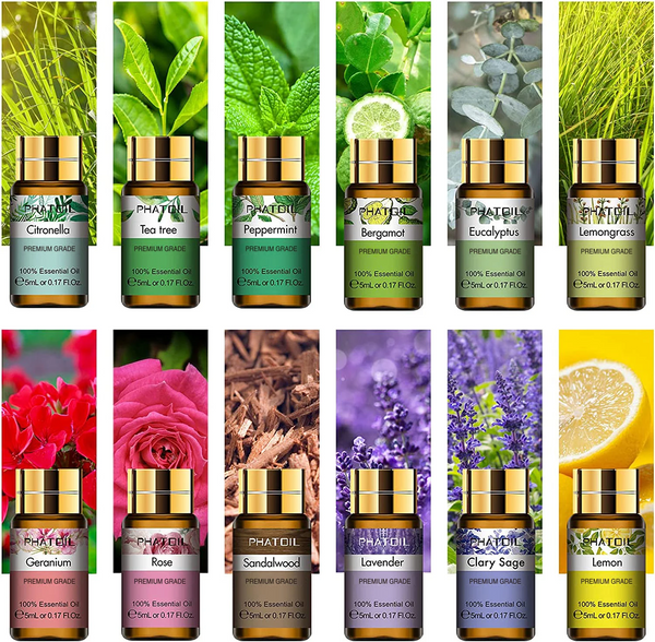 PHATOIL Eteeristen Öljyjen Lahjapakkaus (12 x 5ml) – Puhdasta Aromaterapiaa Kotiin & Hyvinvointiin